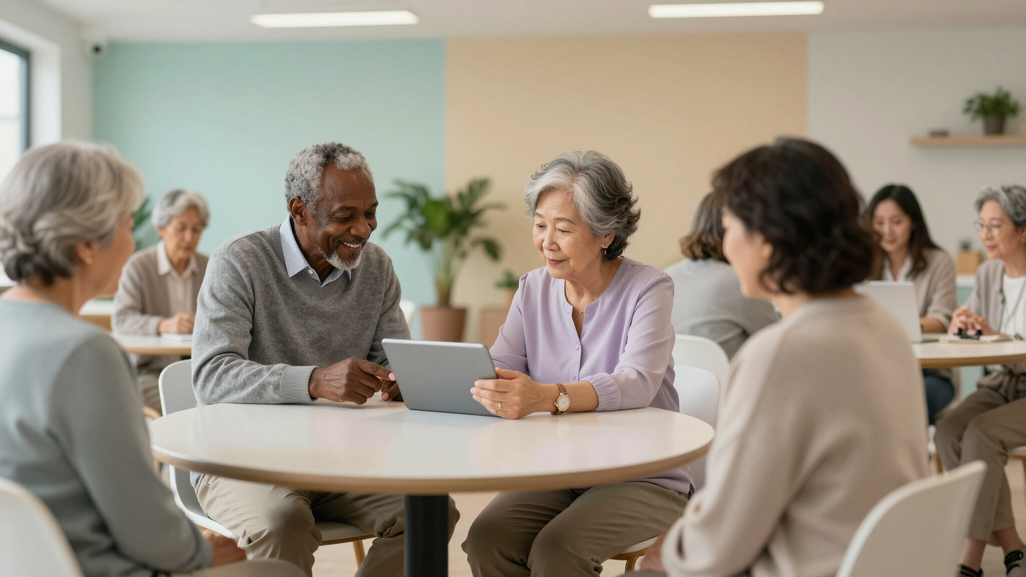 An advisor explaining a Medicare plan to a group of seniors around a table