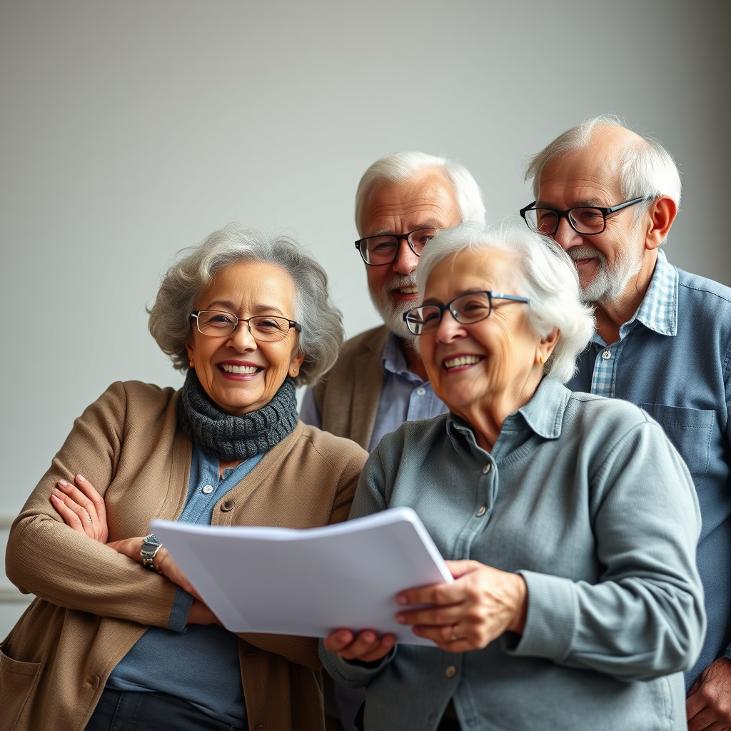 A happy group of seniors reviewing insurance paperwork together