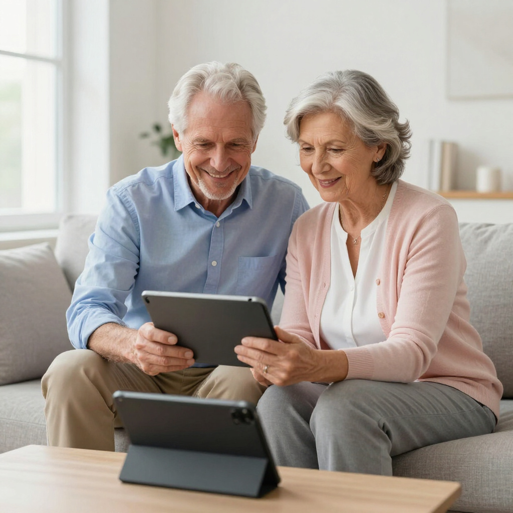 A smiling senior couple reviewing their Medicare options together on a tablet at home